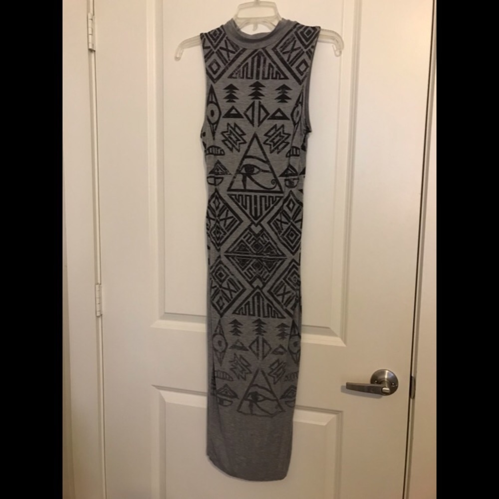 Grey hieroglyphic print maxi dress
